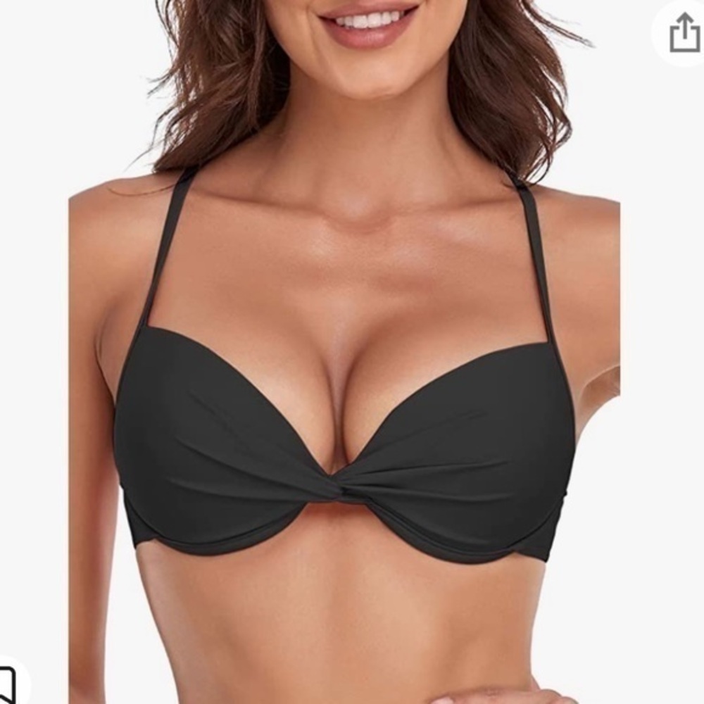 RELLECIGA BLK Push Up Bikini Top Twist Front Underwire Bathing Suit EUC XL #1254